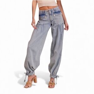 BiBi Mineral Washed Balloon Jogger Jeans Elastic Waist Tie Hem L